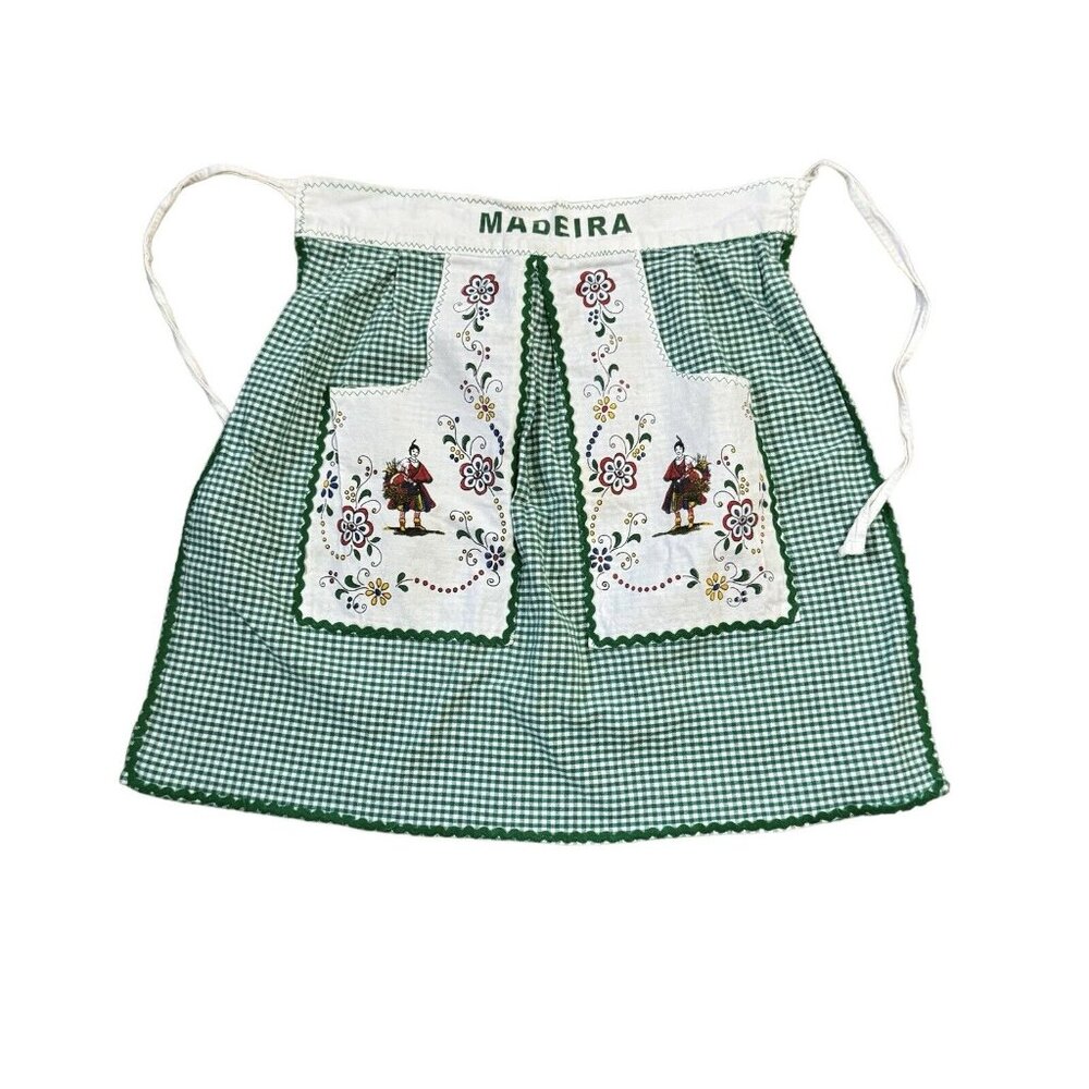 MADEIRA Apron Green Gingham Two‎ Pockets Rick Rack 100% Cotton Portugal